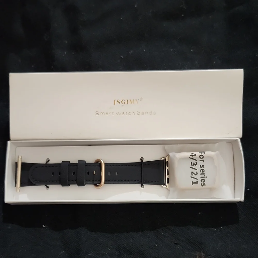 JSGINY Black Smart Watch Band with Gold Accents Geniune Leather Apple